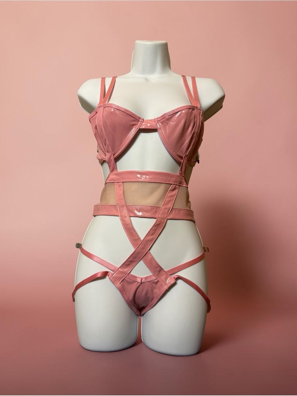 NWT Frederick’s Of Hollywood Pink Patent Mesh Cutout Teddy M
